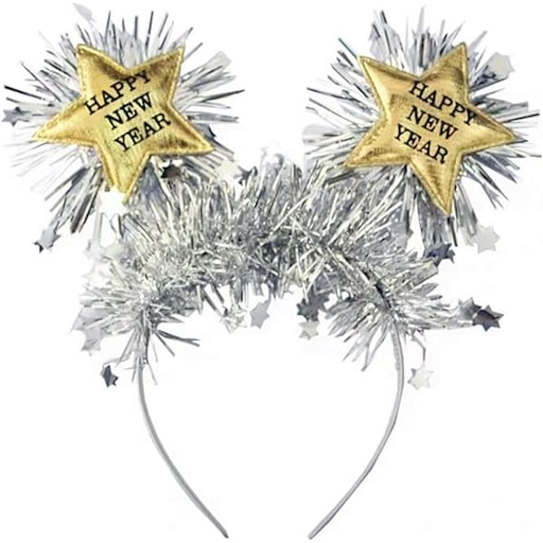 Happy New Year Headband Tiara Happy New Year Headband with Star Boppers and Gold Tinsel, Glitter New Year Headband,Sliver