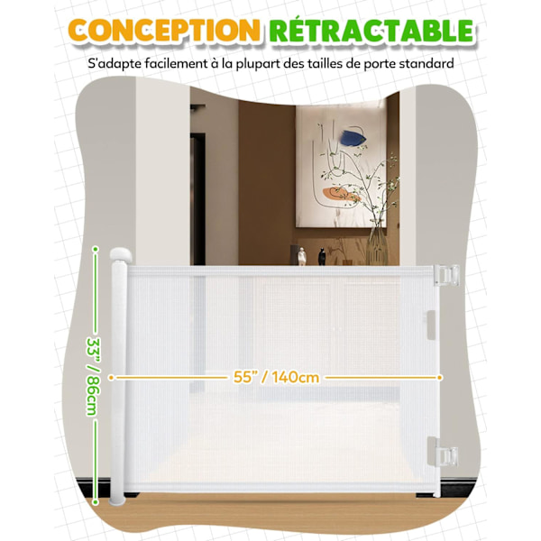 Retractable Safety Gate 0-140cm, Extendable Child Safety Gate, One-handed Operation Dog Gate White