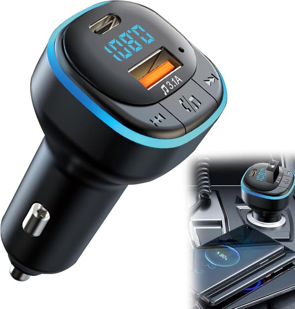 Bluetooth 5.0 FM-lähetin, Handsfree Bluetooth -sovitin tukee 5V/3.1A USB + Type C, Bluetooth-automusiikkisoitin sinisellä tunnelmavalaistuksella