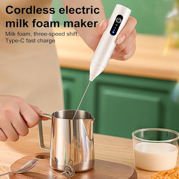 Tre-växlad skummaskin mixer med intelligent hastighetsjustering Elektrisk mjölkskummare Typ C Laddningsbar Handhållen Vit
