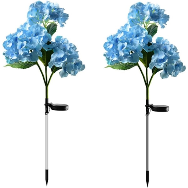 Solcelledrevne hortensia-stake-lys, vanntette, realistiske LED-blomsterlys i bakken, 2-pakning for plen, uteplass, hage (blå)