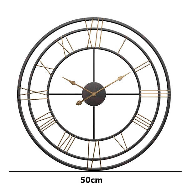Suuri seinäkello musta, vintage roomalaiset numerot koristeellinen metallikello lähes äänetön moderni kodinsisustus ihanteellinen ulkoseinäkello koristeellinen olohuone 50cm