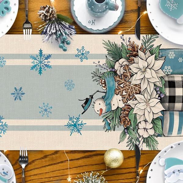 Vinter Poinsettia Bordløber, Mason Jar Snemand Pinjekone Snefnug Blå Stribet Køkken Spisestue Bord Dekoration 13x72 Tommer