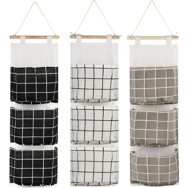 3 stk vægskabs hængende opbevaringstaske, vandtæt over linned stof arrangør, hængende opbevaringslommer med 3 lommer (sort/grå/hvid)