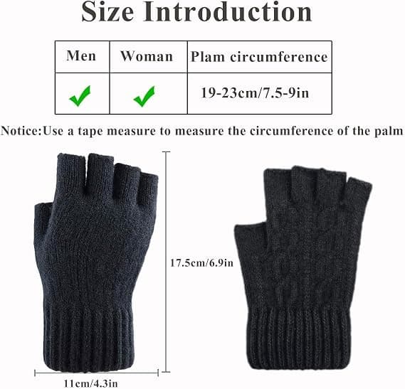 Vinter-halvfingerhandsker, fingerløse strikhandsker, varme og elastiske handsker til mænd og kvinder black