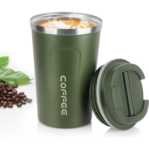 Kaffe Kop, 380ml Vakuum Genanvendelig Lækagesikker Dobbelt Væg Kaffe Kop, Isolering Rustfrit Stål Miljøvenlig Krus (Grøn) ArmyGreen