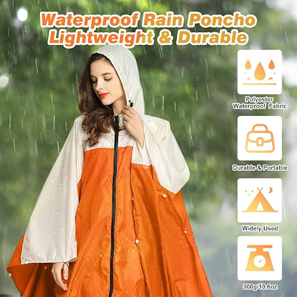 Regnjakke Dame Herre Regnponcho Regnfrakk Vanntett Lett Regnklær med Hette Regnkappe Jakke Regnponcho Kappe beige+orange