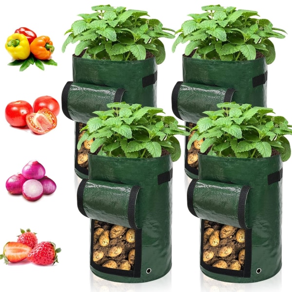 4-pack 7 gallons potatisodlingsväska set. Trädgårdsväxtpåsar för potatis, morötter, tomater, gurkor och andra grönsaker. Green