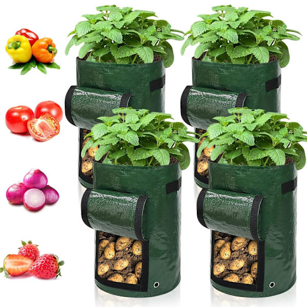 4-pakke 7 gallons potetvekstpose-sett. Hageplanteposer for poteter, gulrøtter, tomater, agurker og andre grønnsaker. Green