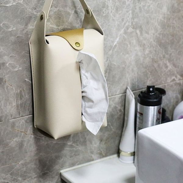 Hængende Tissue Box Pu Læder Bil Tissue Holder Bærbar Serviet Box Cover med Snap til Bil Badeværelse Køkken(Beige) Beige