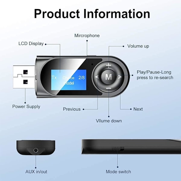 Bluetooth 5.0 Sender og Modtager, 2-i-1 Bluetooth Audio Adapter med Synligt LCD-Display, Stereosystem