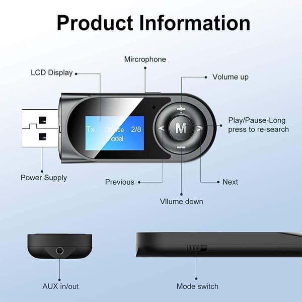 Bluetooth 5.0 sender og mottaker, 2-i-1 Bluetooth lydadapter med synlig LCD-skjerm, stereosystem