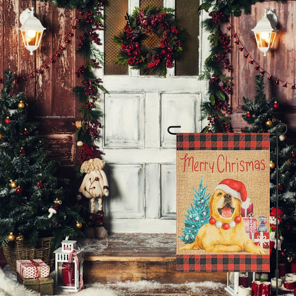 Glædelig Jul Burlap Haveflag, Dobbeltsidet 12×18 Tommer Juletræ Golden Retriever Hund