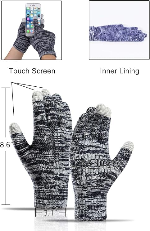 Dam vintermössa set, bobble mössa, pekskärmshandskar och halsduk med fransar navy blue