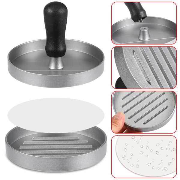 Burgerpress, Non-Stick Köttfärsbiff Hamburgare Maker för att göra Quarter Lb eller Stora 1/3 Pound Fyllda Pocket Hamburgare (100 Vaxpapper)