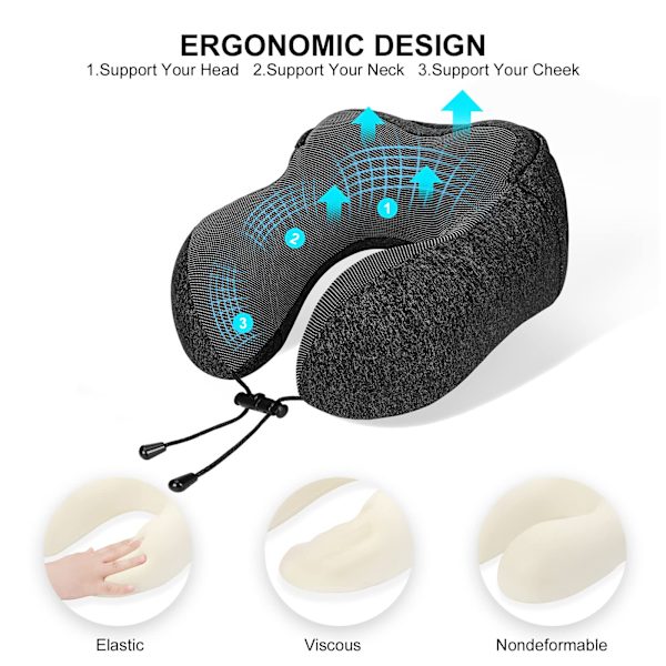 Nakkepute Memory Foam, Reisepute med hette, Komfortabel nakkepute med hette for fly, bil, tog, kontor, nakkepute Reise for soving Dark Gray