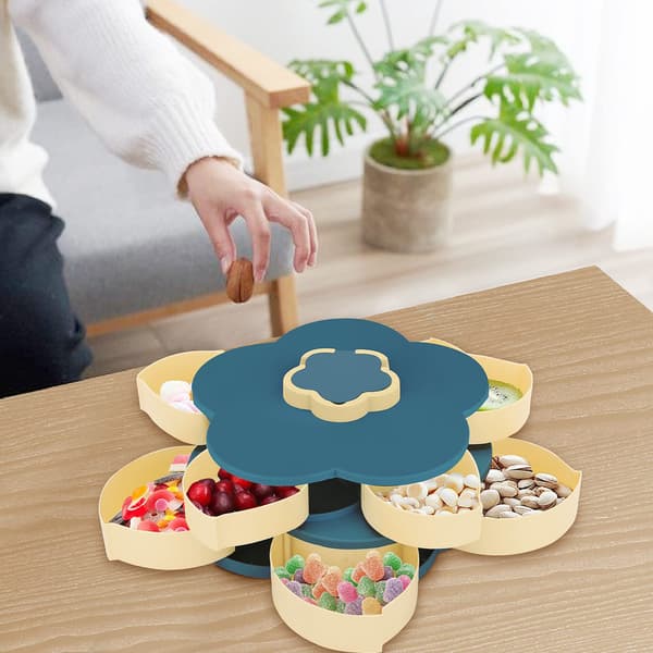 Petal Roterende Godteriboks 2-lags Blomstersnacksboks Roterende Fruktskål Multifunksjonell Plast Blomstersnacksboks med Telefonholder