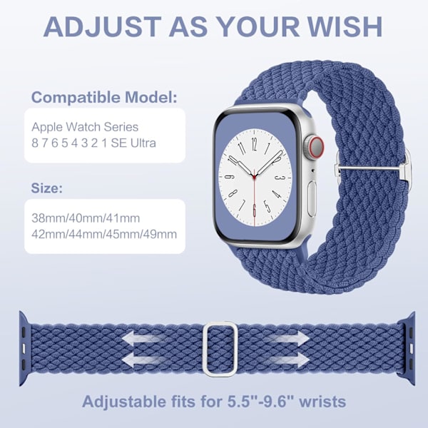 Flätat Solo Loop-armband 38 mm 40 mm 41 mm, stretchiga armband elastiskt sportband för Apple Watch SE/iWatch Series 9 8 7 6 5 4 3 2 1, blå Blue