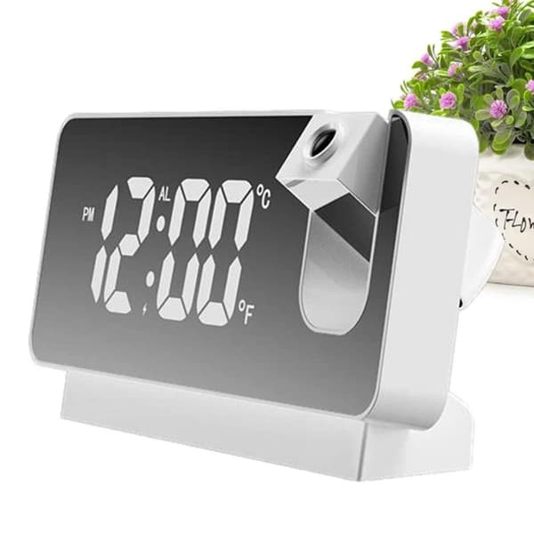 Projektionsväckarklocka, sovrumsklocka med 180° projektor, LED-väckarklocka, USB-laddning (vit) White