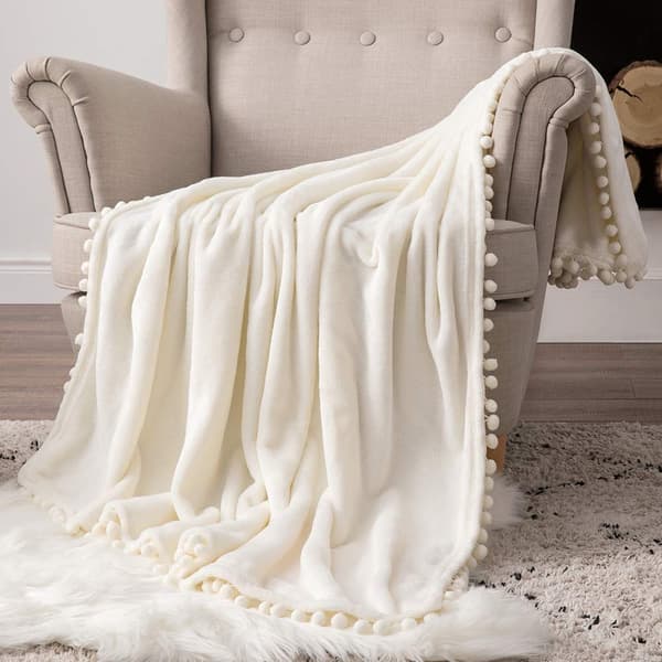 Blød tæppe, fleece tæppe, flanel tæppe med pomponer, almindeligt tæppe, sofatæppe, fluffy tæppe, mikrofiber sengetæppe, sofatæppe, tæppe white