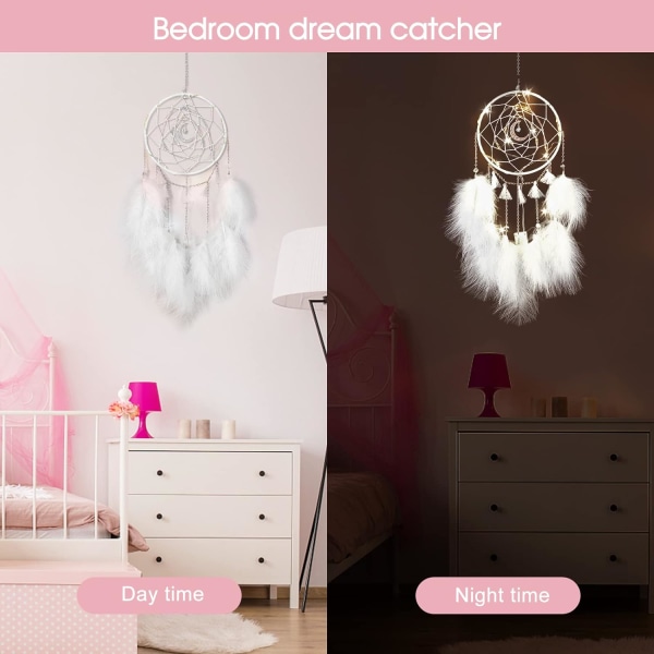 Vita drömfångare, LED-drömfångare för pojkar och flickor, väggdekorationer för sovrummet, fjäderprydnader (vit) White