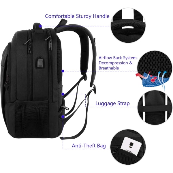 Business Laptop-rygsæk Rejse Laptop-taske Rygsæk med USB-opladningsport Vandafvisende Laptop-rygsæk Daypack , Sort-45*30*20cm Black