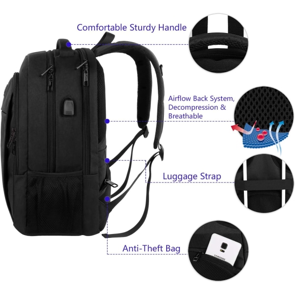 Business Laptop Rygsæk  Rejse Laptop Taske Rygsæk med USB Opladningsport Vandresistent Laptop Rygsæk Daypack , Sort-45*30*20cm Black