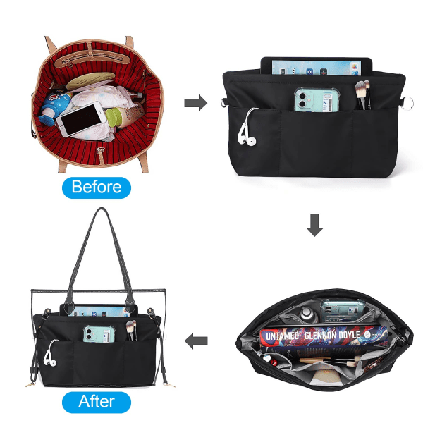 Handbag Organizer, Nylon Bag Organizer med nyckelring, innerfickor, vattentät för handväskor Organizer, svart, L Black L