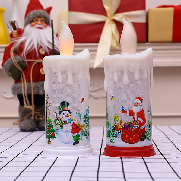 2 stk. julelys uten flamme, batteridrevne LED-pillarlys, julelys med julemann og snømann-klistremerker, varmt lys