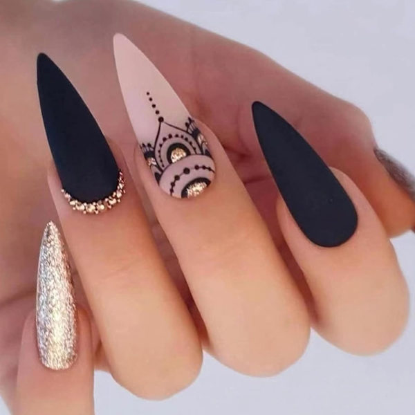 24 kpl tekonkynnet keskikokoiset, Stiletto Frosted Stick on Nails Black Press on Nails with Glue Stickers, Glitter Removable Glue-on Nails Fake Nails Set