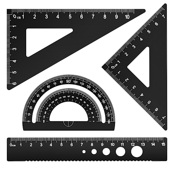 Triangular Ruler Set, 4 Pieces Aluminum Alloy Ruler, Metal Drafting Ruler, Geometric Protractor for Student,Draftsman, Engineers, (Black)