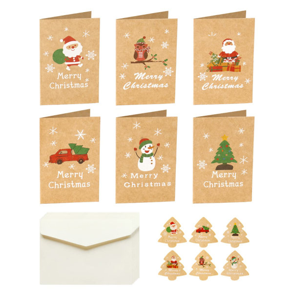 24 kpl Pienet joulukortit kirjekuorilla Merry Christmas Kraft-onnittelukortti Joulumuistiinpanokortit sinettitarroilla 6 mallia