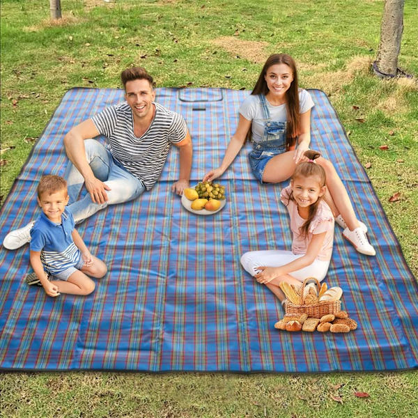 Suuri ruudullinen piknikviltti kantokahvalla, vedenpitävä rantapuutarha ulkoiluviltti, pestävä piknikviltti 150*200CM (sininen) Blue