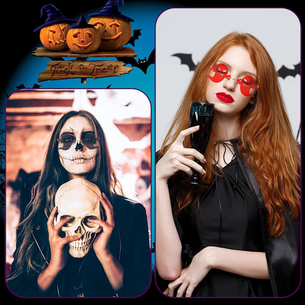 2 kpl Halloween-silmälaseja, aaveaurinkolasit naisille, kurpitsaurinkolasit, kehyksettömät, hauskat, rave-trendikkäät uutuuslelu-aurinkolasit Halloween-cosplay-juhliin