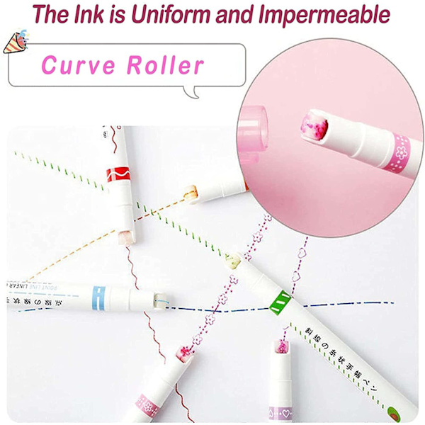 Curve Highlighter Pen Set, 6 farvede dobbeltspidsede kurvepenne, der laver designs, notesbøger, planlægningskuglepenne, kurveformer