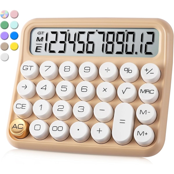 Mekanisk switch-lommeregner 12 cifre, stort display og knapper på skrivebordet, lommeregner med stort LCD-display (beige)