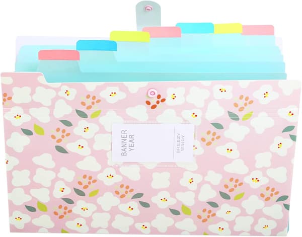 Udvidelig ekspanderende mappe, ekspanderende mappe A4, ekspanderende mappearrangør med 6 lommer, mappearrangør, blomstertrykte mapper, pink Pink