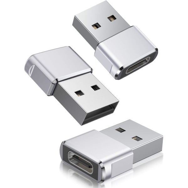 USB till USB C-adapter 3-pack, typ C hona till en hane-laddarkabelkonverterare för Apple Watch 8 7, MacBook, iPhone 12 13 14 15 Max Pro（Silver） Silver