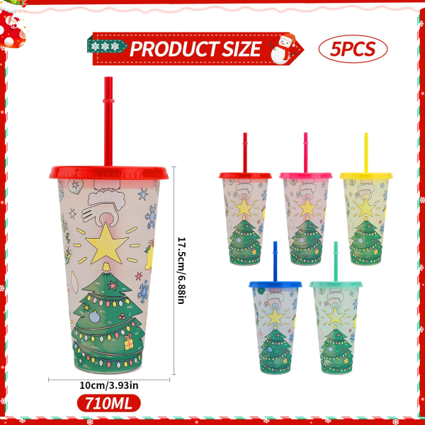 Colour Changing Cup 5 Pcs Plastic Christmas Cups Reusable Travel Tumblers with Lids and Straws Iced Coffee Cup Cold Water Drink Change Cups, 710ml