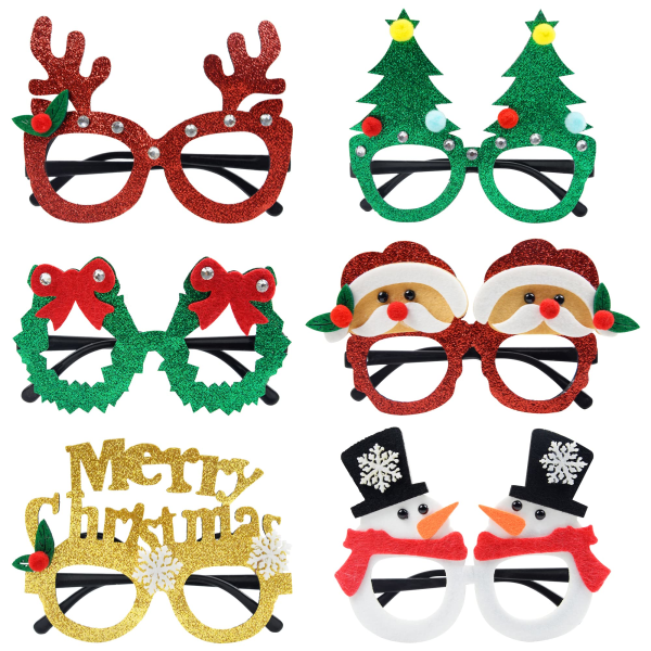 Julglasögon, 6 stycken julnyhetsglasögon, roliga julglasögonbågar, glitter julfestglasögon, nyhet för barn Vuxna kostym