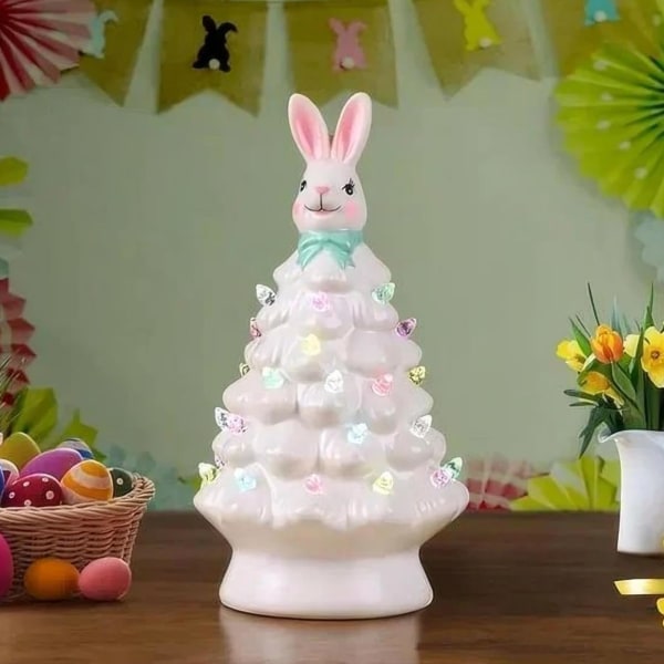 Bunny Tree, Easter Bunny Tree, Easter Bunny Tree, Light Up Easter Tree Pink Bunny Tree-dekorasjoner, Keramisk påsketre, påsketrær (hvit)