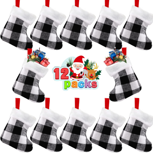 12 pakkauksen jouluiset minisukkahousut, kaksipuoliset Xmas valkoiset ja mustat Buffalo-ruudulliset riippusukat, pehmoresorit joulupöytäkoristeeksi