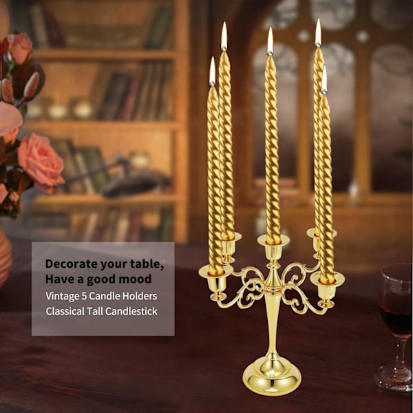 Metal Lysestage, 5-armet Lysestander Vintage Lysestager Lysestageholder Klassisk til Bord Guld Gold