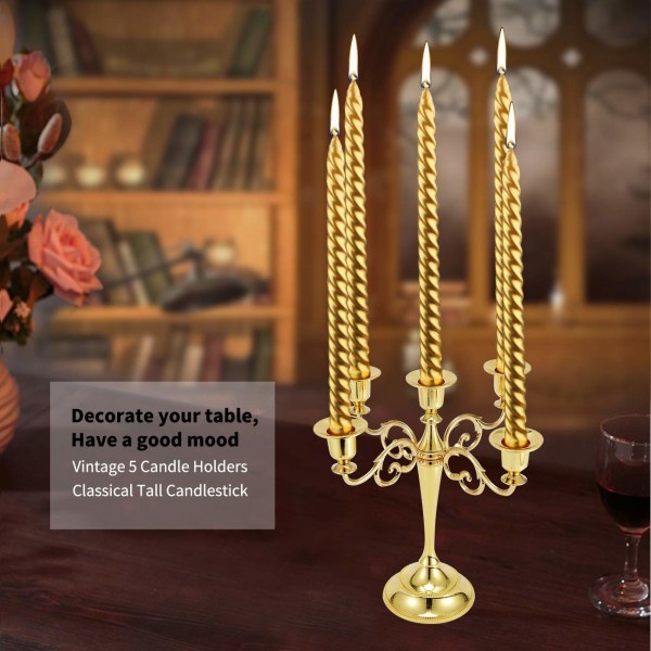Metal lysestage, 5-arms lysestage Vintage lysestager Lysestage Classic til bordguld Gold