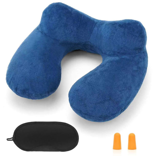 Nakkepute Reisepute Oppblåsbar Kompakt Nakkepute Egornomisk Nakkestøtte med Fløyelsmyk Vaskbart Trekk for Camping, Reise, Fly, Tog Blue