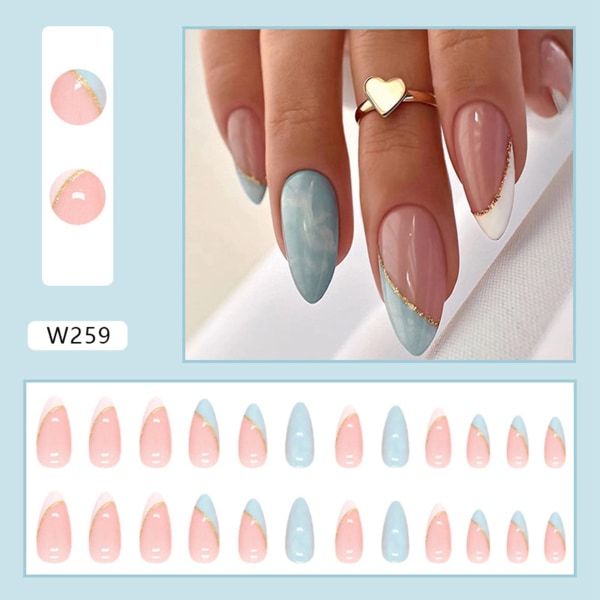 24 Pcs Almond Medium Long False Nails - Glossy Sky Blue French Press on Nails - White Edge with Gold Line Pattern Fake Nails with Manicure Tool