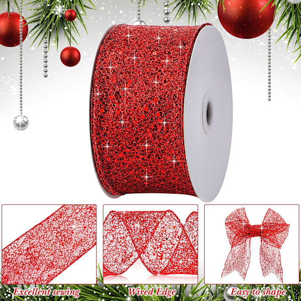 Valentinsdag Mesh Glitterbånd Gennemsigtig Metallic Mesh Bånd til Hjemmefest Gaveindpakning Krans DIY Håndværk Dekoration(Rød) Red