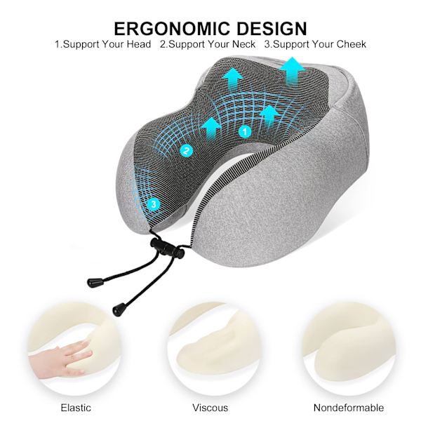 Nakkepute Memory Foam, Reisepute med hette, Komfortabel nakkepute med hette, Nakkepute Reise for soving, Lysegrå Light Gray