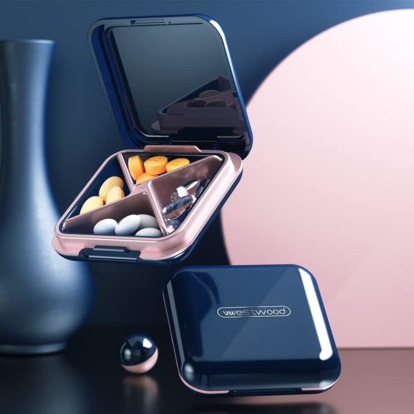 Pill Box, Fuktsäker liten pill Box, Portabel Pill Box Organizer för resor, BPA-fritt case med 4 stora fack (blå) Blue