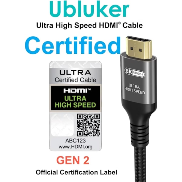 10K 8K 4K HDMI-kaapeli 48Gbps 1M, Sertifioitu Ultra High Speed HDMI® -kaapeli 4K 240Hz 144Hz 8K60Hz 0.01ms HDR10+ ARC eARC HDCP2.3 Netflix Roku TV PC-näyttö